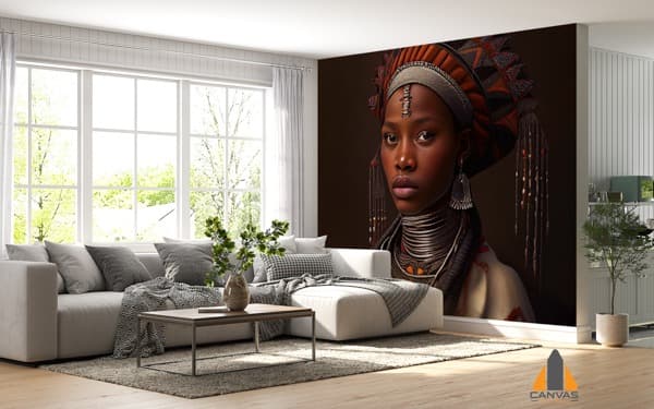 African woman with strong features wall mural in a modern living room, perfect for wallpaper installations in Gauteng.