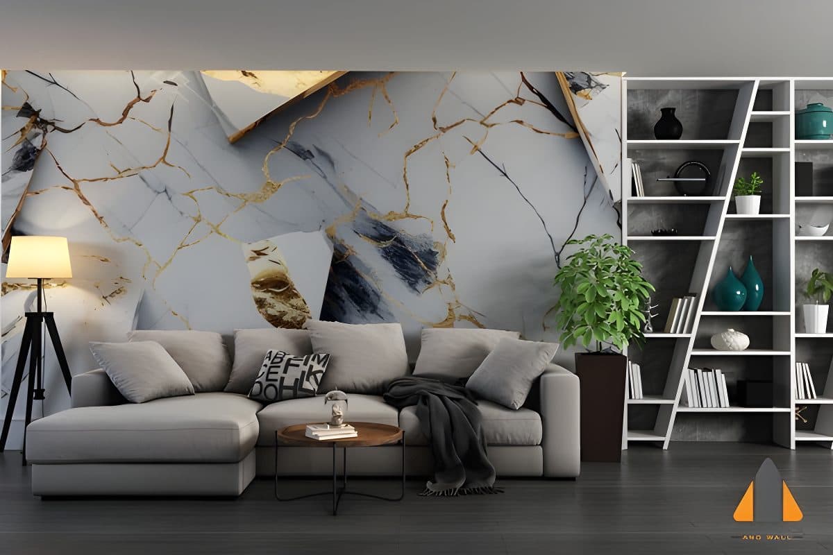Marble and gold leaf wall mural behind a modern grey sofa, perfect for wallpaper installations in Gauteng.