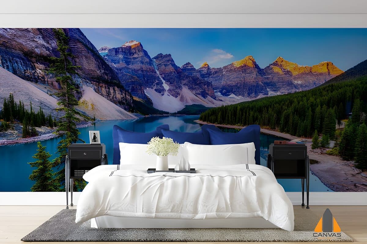 Scenic lake and mountain wall mural in a modern bedroom, with professional wallpaper installations in Gauteng
