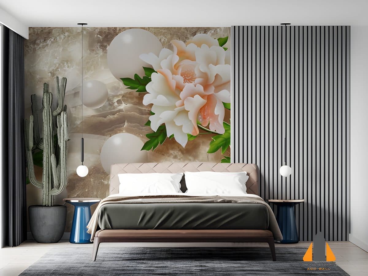 A luxurious bedroom with a floral marble wall mural, showcasing expert wallpaper installations in Gauteng.