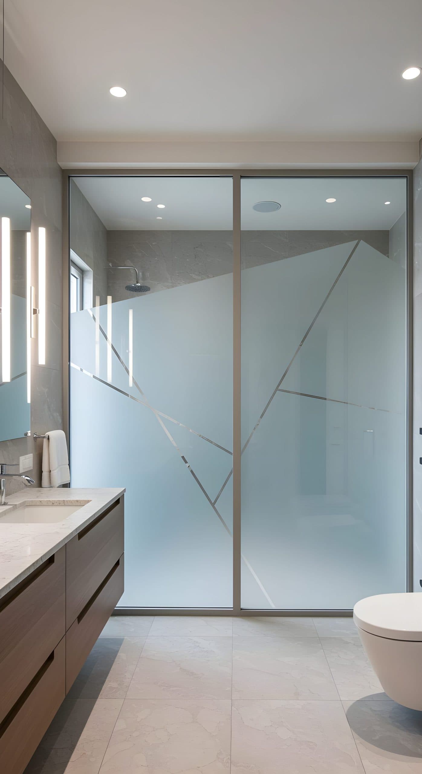 Frosted glass shower with geometric pattern in a modern bathroom, perfect for custom wallpaper installations.
