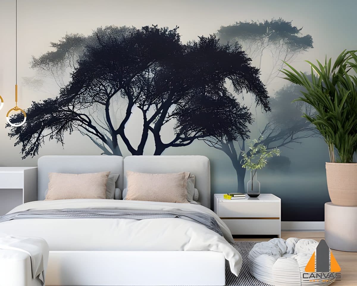 Misty tree silhouette wall mural in a modern bedroom, showcasing expert wallpaper installations Johannesburg.