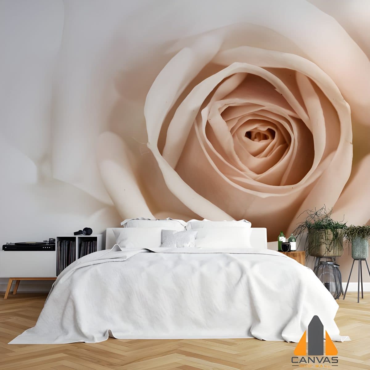 Close-up of a sepia rose wall mural in a modern bedroom, with white bedding and wooden floors.
