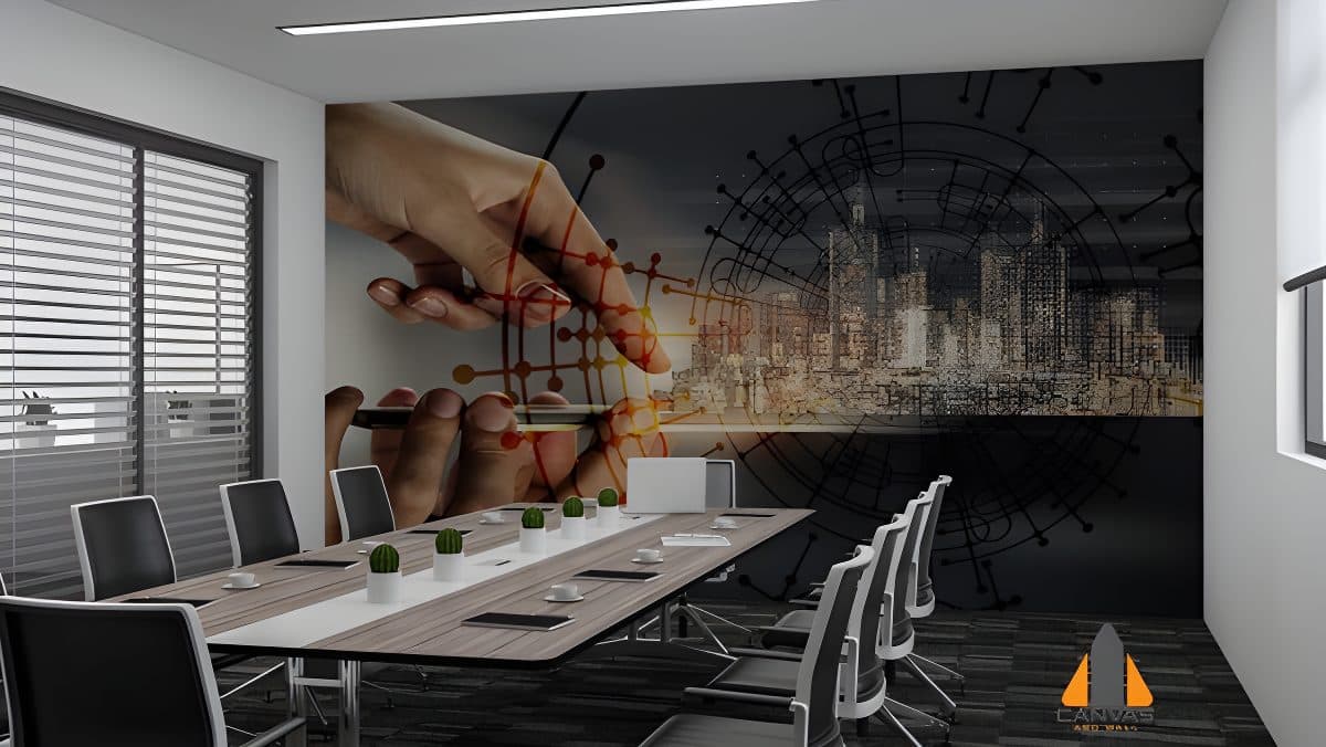 Digital cityscape wall mural in a modern office boardroom expertly installed by our team in Gauteng.