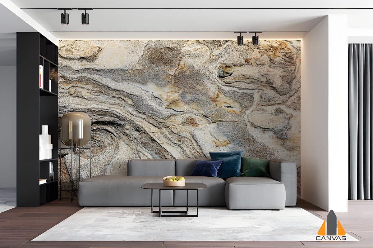 Textured marble wall mural in a modern living room, perfect for wallpaper installations in Gauteng.