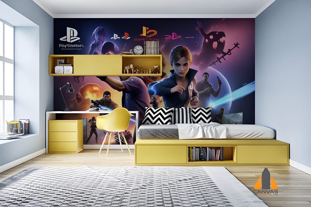 PlayStation game character wall mural in a modern child's bedroom with yellow furniture.
