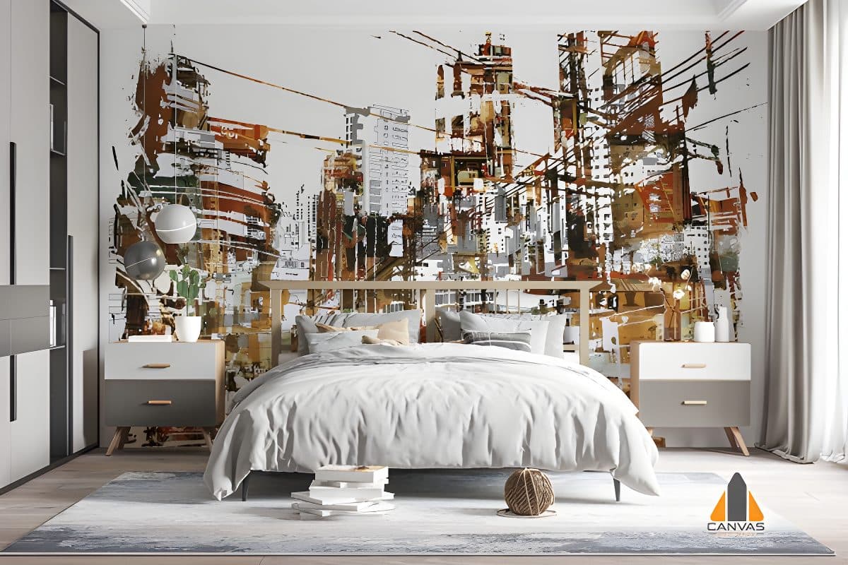 Modern cityscape wall mural in a bedroom, highlighting our wallpaper installations in Gauteng.