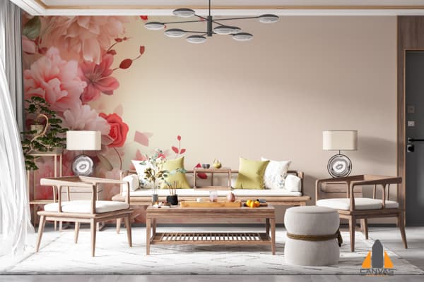 Floral border wall mural in a modern living room, expertly installed by our team in Gauteng.