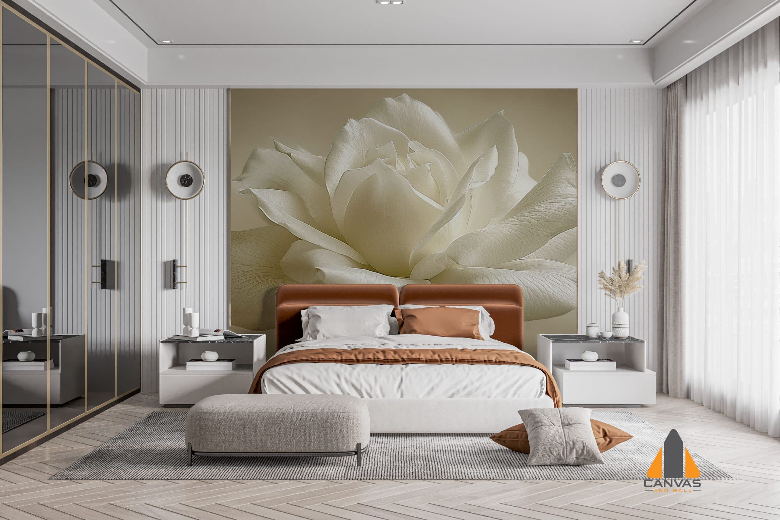A sepia white rose wall mural installed above a bed in a chic bedroom, perfect wallpaper installations in Gauteng.