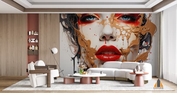 Dramatic red lips and blue eyes wall mural in a modern living room, expertly installed by a top wallpaper company.