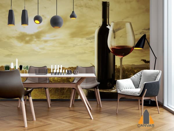 Red wine bottle and glass wall mural in a modern dining room, expertly installed by our team in Gauteng.