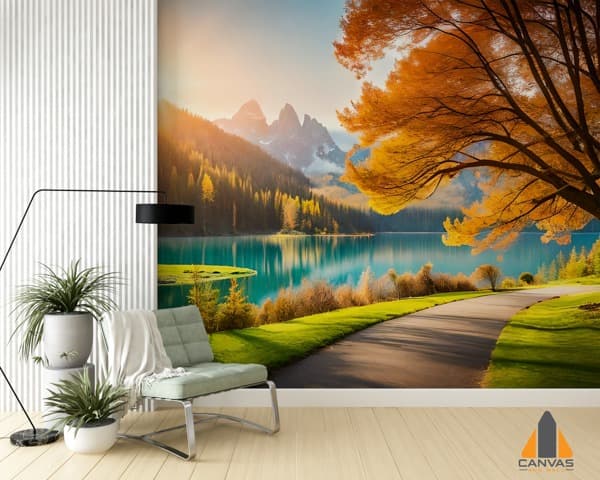 Scenic lake with mountains and road, autumn tree, as a captivating wall mural in a modern living room.