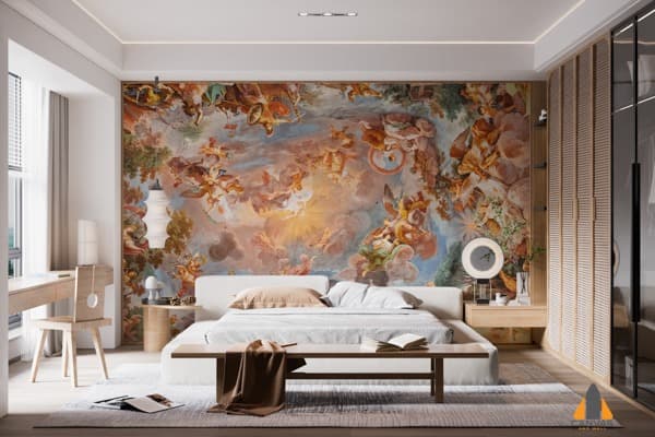 Baroque fresco wall mural in a modern bedroom, showcasing custom wallpaper installations.