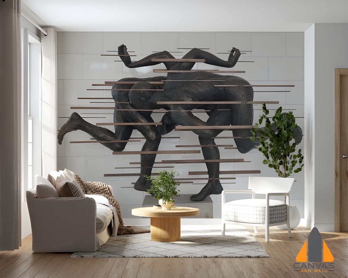 Figurative wall mural in a modern living room, representing struggle and escape, for wallpaper installations.