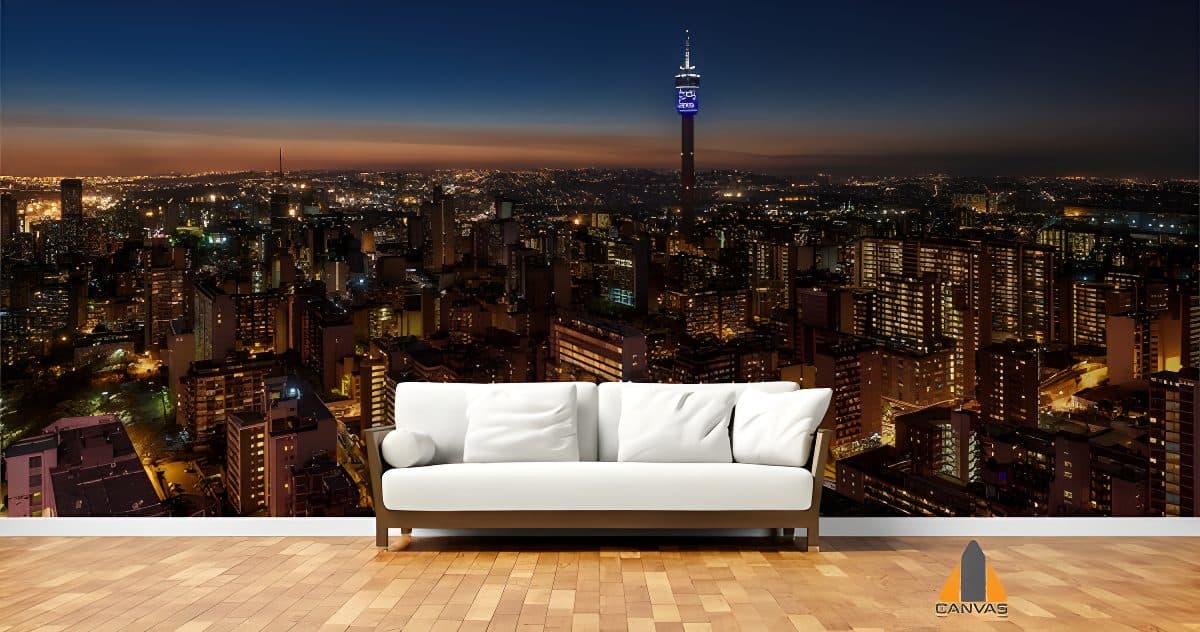 Johannesburg cityscape wall mural with Hillbrow Tower in a modern living room