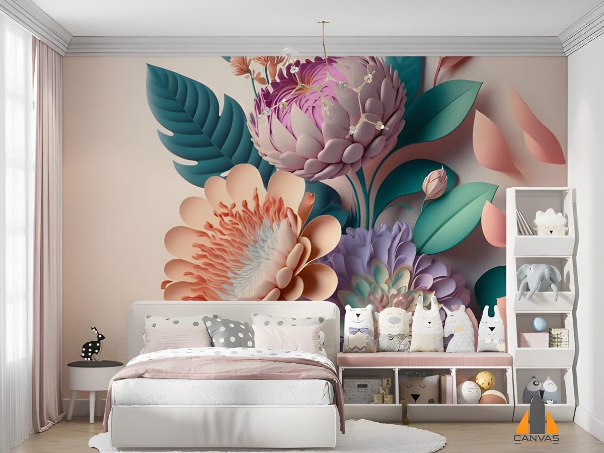 Pastel 3D flower wall mural in a child's bedroom with a modern bed and toy shelves.