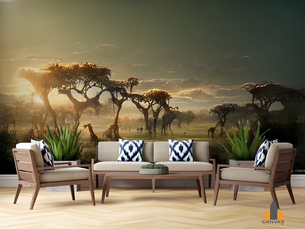 African savannah sunset wall mural in a modern living room, perfect for wallpaper installations in Gauteng.