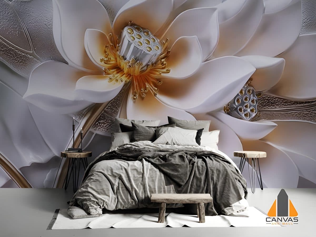 Floral silver flower wallpaper mural in a modern bedroom, perfect for wallpaper installations in Gauteng