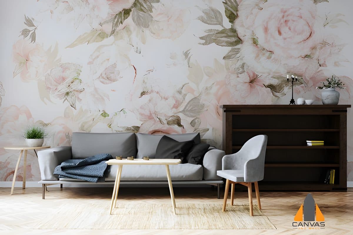 Pink illustration roses wall mural in a modern living room, expertly installed by our team in Gauteng.