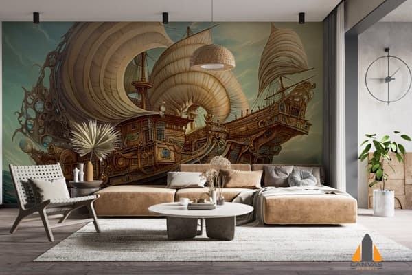 Fantasy sailing ship wall mural in a modern living room, perfect for wallpaper installations Johannesburg.