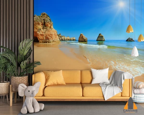 Sunny sandy beach wall mural in a modern living room, perfect for wallpaper installations Johannesburg.