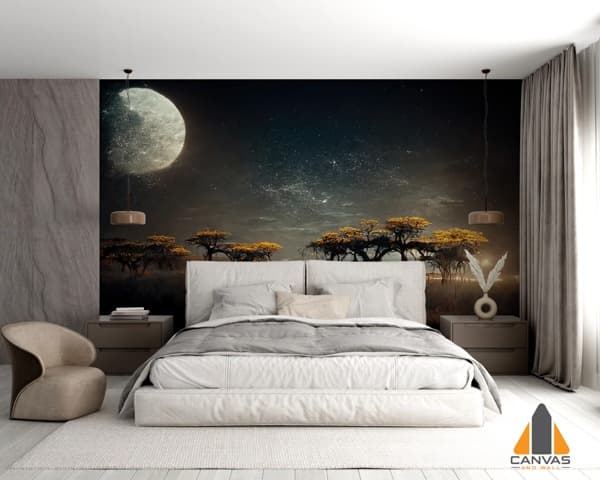 Savannah landscape night starry sky wall mural in a modern bedroom, perfect for wallpaper installations in Gauteng.