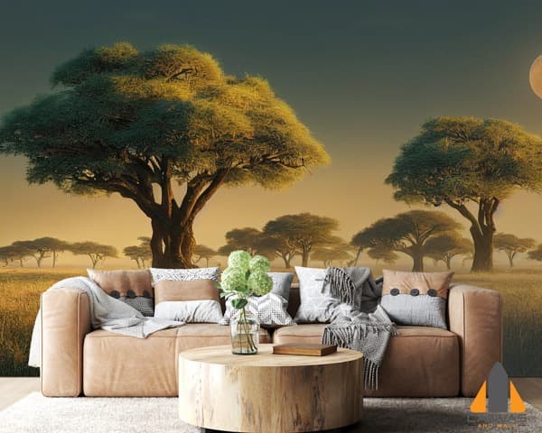 Sunrise savannah scene with acacia trees as a wall mural in a modern living room by Canvas & Wall.