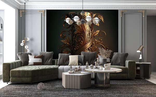 Opulent gold scroll wall mural in a modern living room, perfect for wallpaper installations in Gauteng.