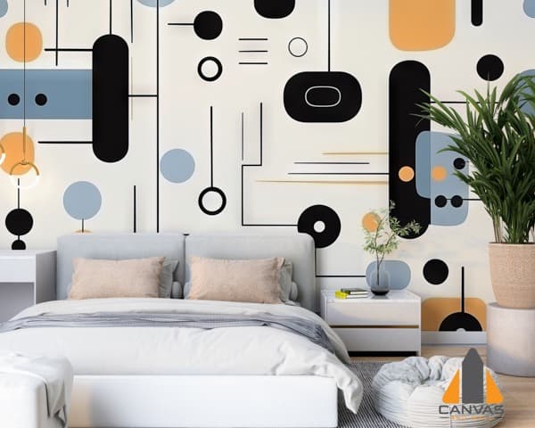 Geometric pattern wall mural in a modern bedroom, ideal for custom wallpaper installations.