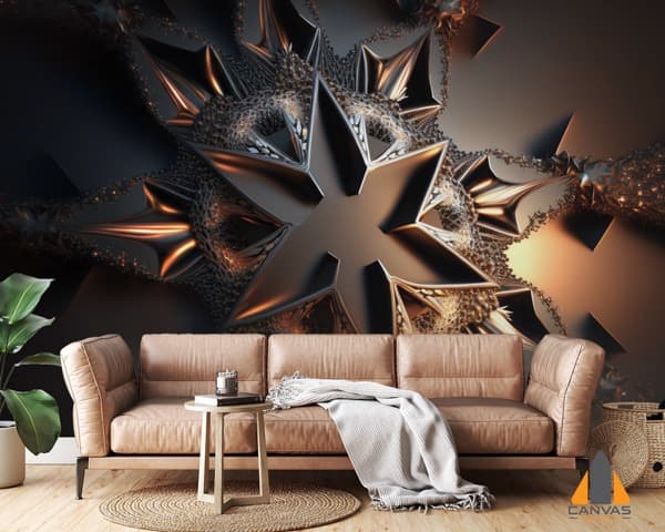 Star-shaped abstract wall mural in a modern living room with a tan sofa.