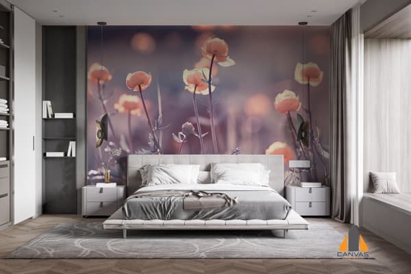 Bedroom with a large floral wall mural above the bed, ideal for wallpaper installations in Gauteng.