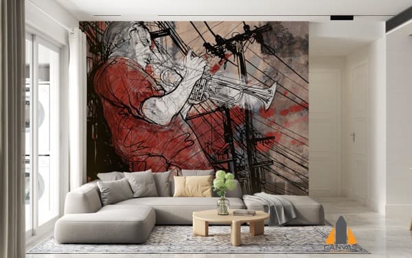 Jazz musician playing trumpet wall mural in a modern living room, perfect for Johannesburg homes.