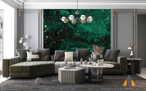 Vibrant green abstract wall mural in a modern living room with a large L-shaped couch.