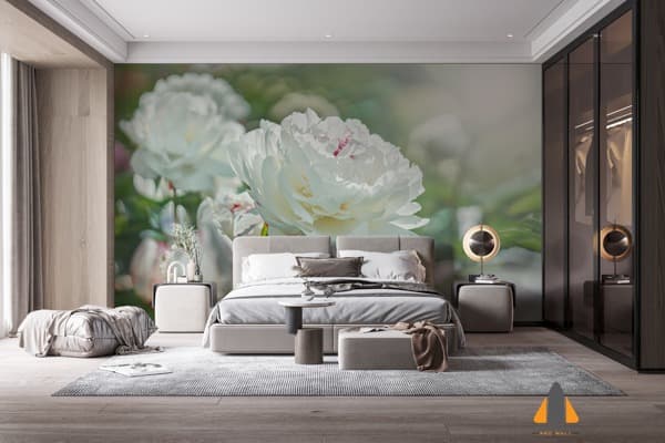 Bedroom with a large white peony wall mural behind the bed for custom wallpaper installation.