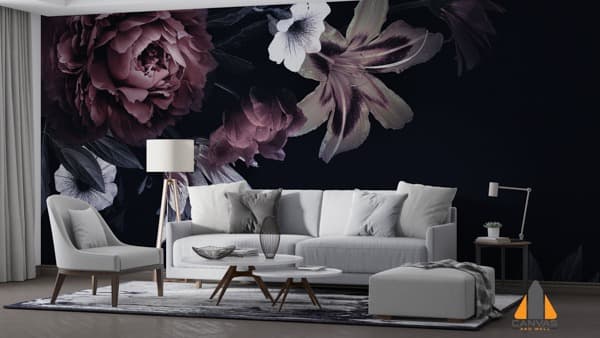 Dark floral wall mural in a modern living room, perfect for wallpaper installations in Gauteng.