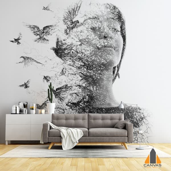 Double exposure woman and birds wall mural in a modern living room setting, ideal for wallpaper installations in Gauteng.