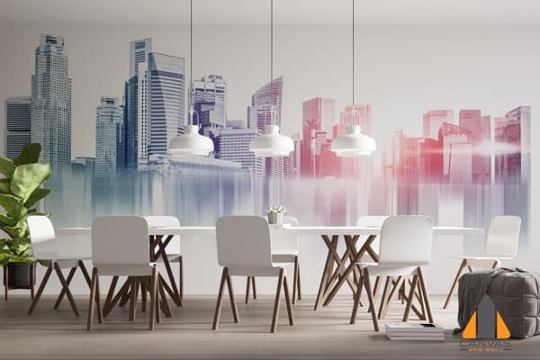 City skyline wall mural in a modern dining room, ideal for wallpaper installations in Gauteng.