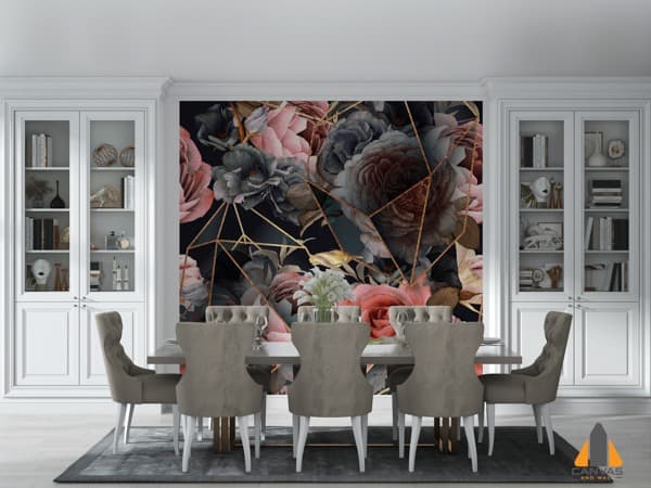 Floral and geometric wall mural in a sophisticated dining room, ideal for wallpaper installations in Gauteng.