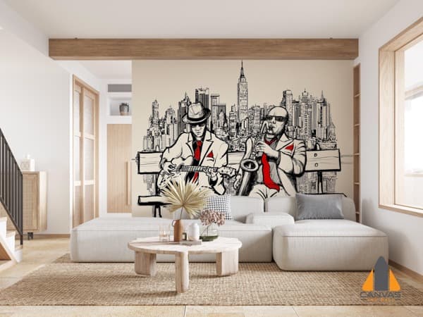 Jazz musicians with city skyline wall mural in a modern living room, perfect for wallpaper installations Johannesburg.