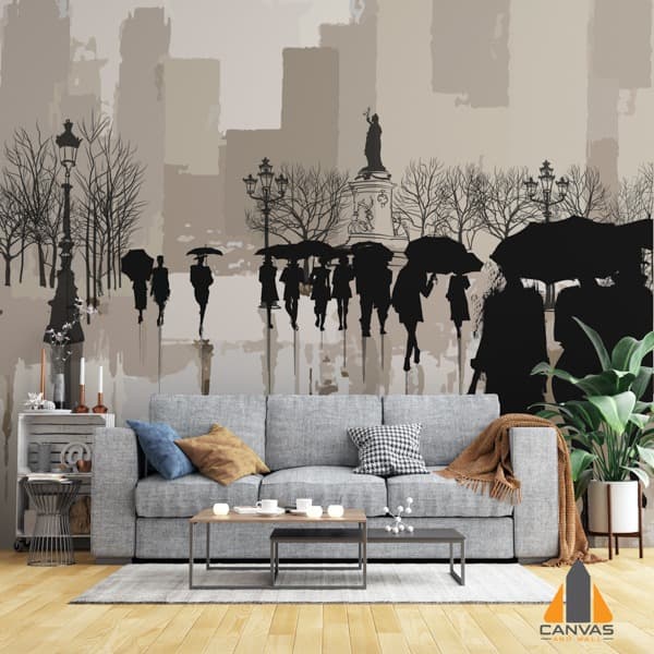 People walking with umbrellas against a city skyline wall mural in a modern living room setting.