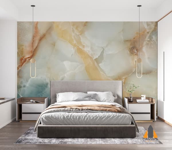Bedroom with a large marble-effect wall mural above the bed, also available for wallpaper installations in Gauteng.