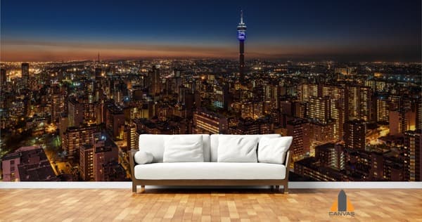 Johannesburg cityscape wall mural with Hillbrow Tower in a modern living room