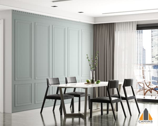 Stylish panelled wallpaper in a modern dining room setting with a city view, ideal for wallpaper installations Gauteng.