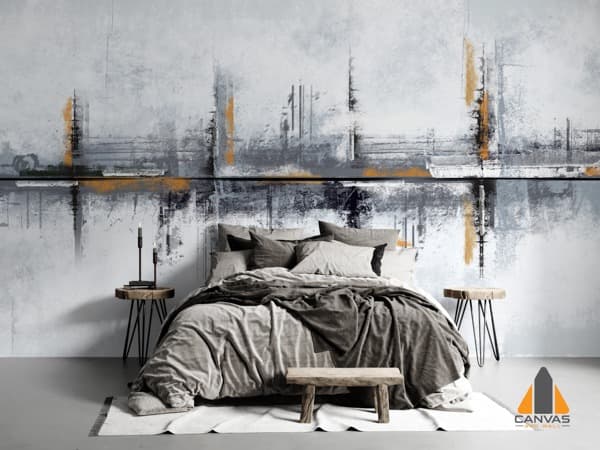 Modern bedroom with abstract art wall mural, perfect for wallpaper installations in Gauteng.