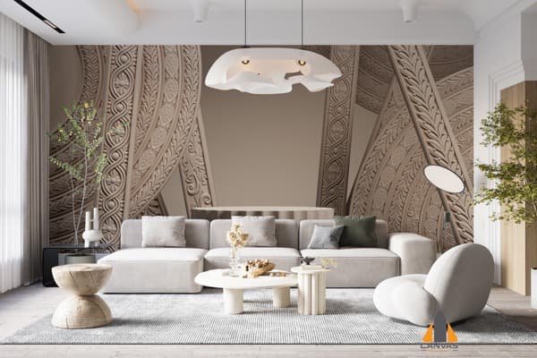 Intricate carved bohemian wall mural in a modern living room with neutral furniture, ideal for wallpaper installations in Gau
