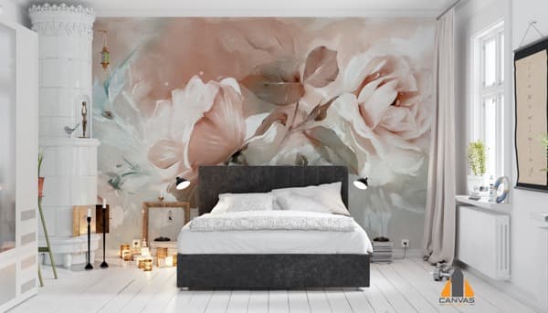 Floral wall mural with soft pink roses in a beautiful bedroom, ideal for wallpaper installations in Gauteng.