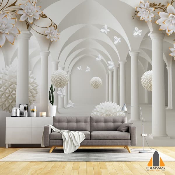 A luxurious 3D floral archway wall mural in a modern living room setting, ideal for wallpaper installations.