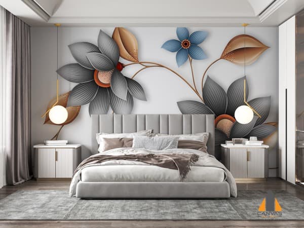 Floral wall mural with gray and blue flowers in a modern bedroom, best wallpaper companies can install this
