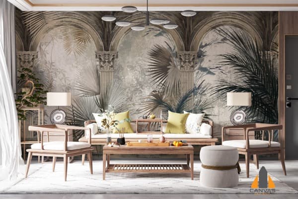 Arched botanical wall mural in a modern living room setting, ideal for wallpaper installations in Gauteng.