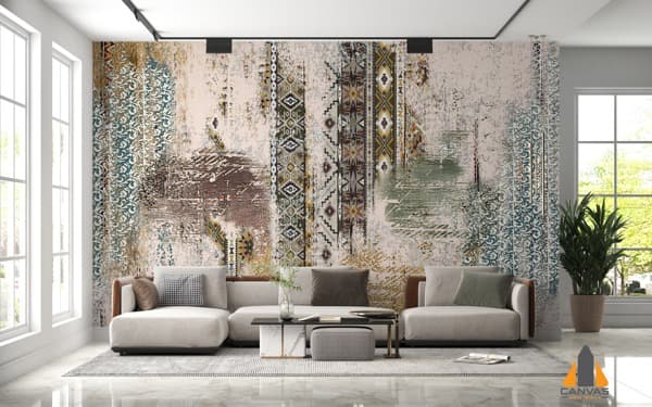 Modern living room with a distressed abstract pattern wall mural, ideal for wallpaper installations in Gauteng.